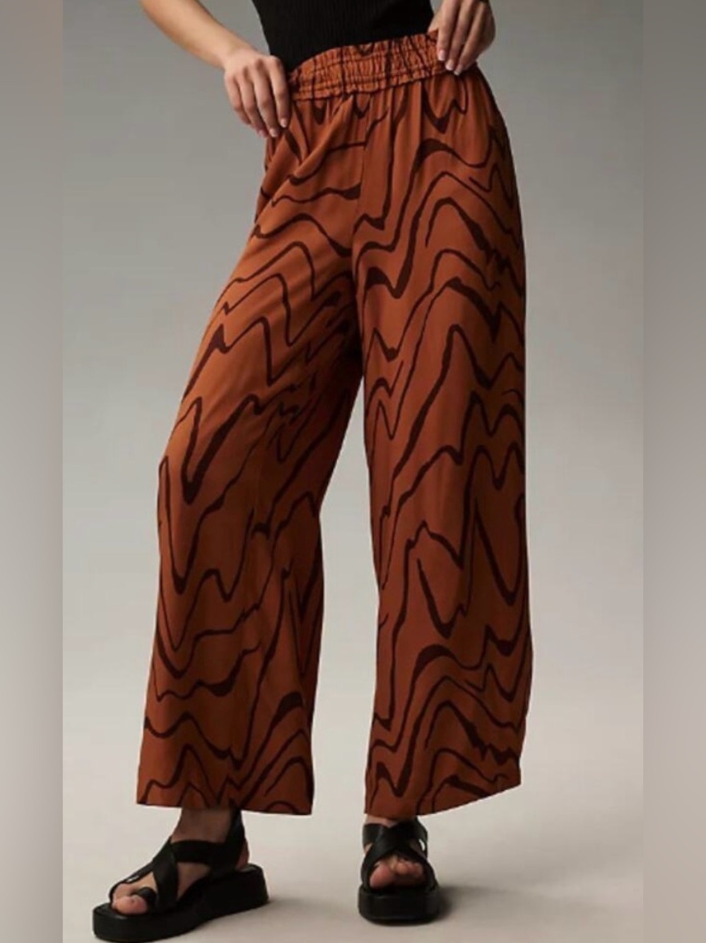 Anthropologie Bronze Wide‑Leg Pull‑On Pants with Side Slits Size Medium Boho